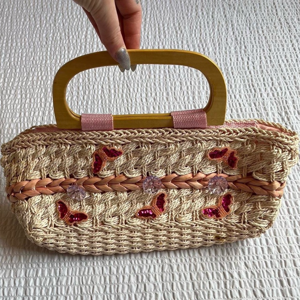 Coquette Y2K Straw Tote Floral Appliqué Butterfly Beads Vintage EUC - Picture 6 of 7
